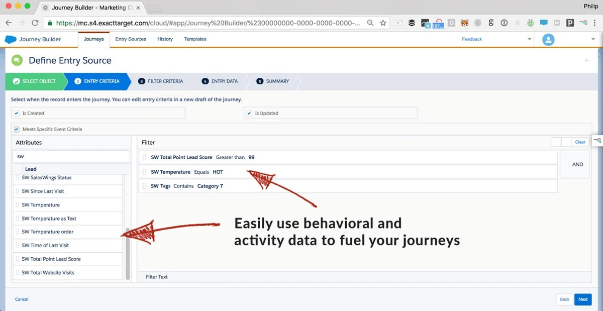Journey Builder entry source filtered on SalesWings lead score, temperature and behavioral tag fields
