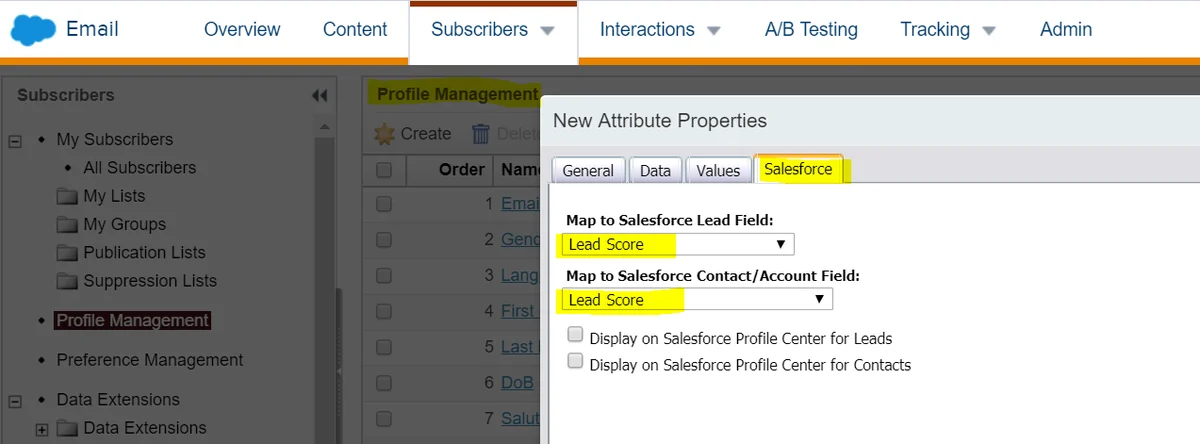 Marketing Cloud profile attribute mapped to the Salesforce lead score and contact score fields