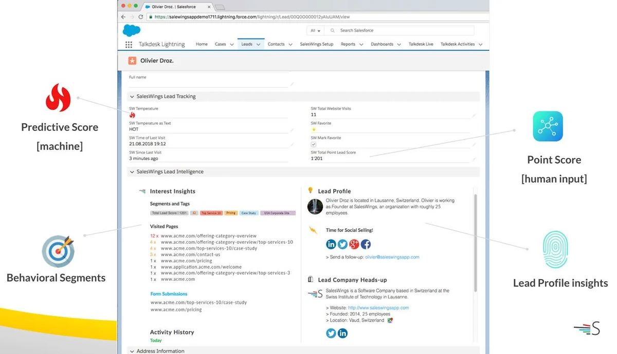 Salesforce lead record showing behavioral score, interest segments and engagement history